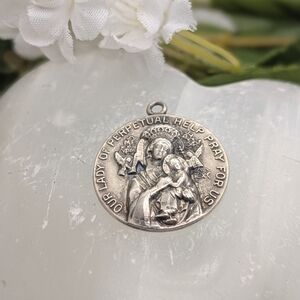 Vintage Our Lady of Perpetual Help Sacred Heart Of Jesus Sterling Silver Medal